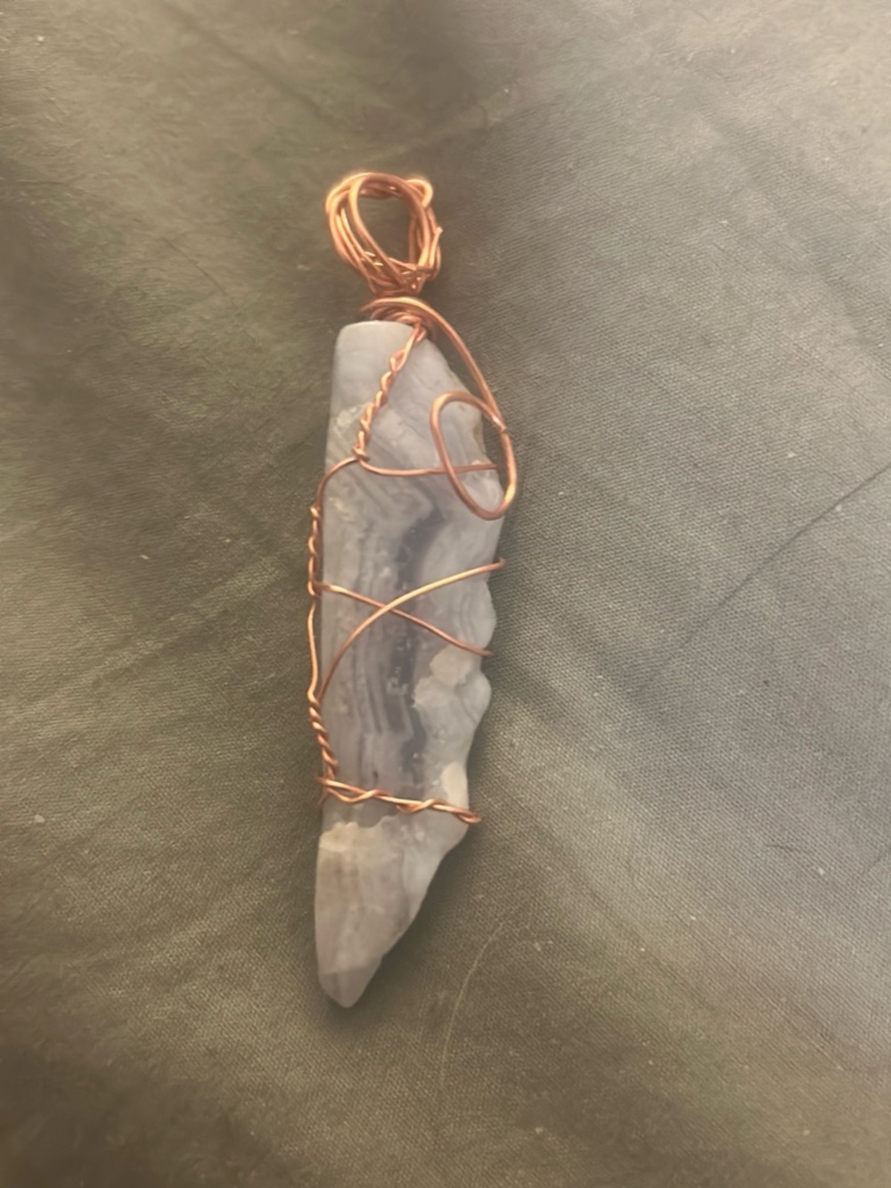 Handcrafted Blue Agate Point Pendant with Copper Wire Wrap